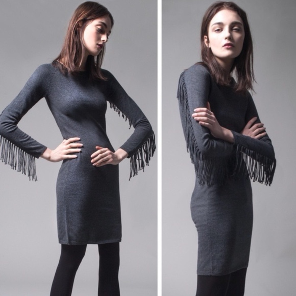 Yoana Baraschi Raven Fringe Grey Charcoal Knit Cashmere Wool Dress Size L